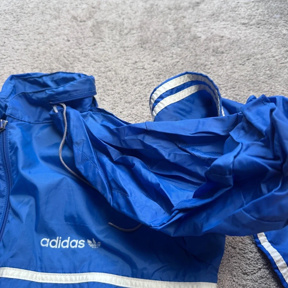 Vintage Adidas Men's Medium Full Zip Hooded Windbreaker Hidden Hood Jacket Blue